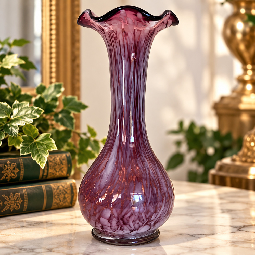 Vintage Lefton Attributed Amethyst Art Glass Vase UV Reactive Ruffled Japan